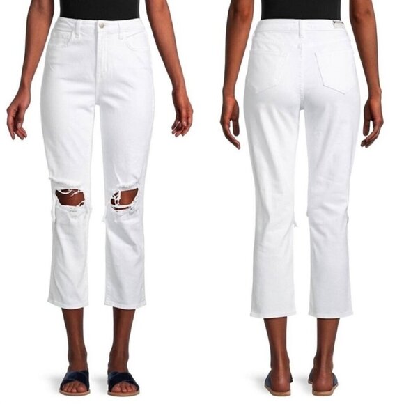 NWT L'AGENCE Audrina High Rise Straight Jean in Blanc Worn Destruct - Size 32 - Picture 1 of 9